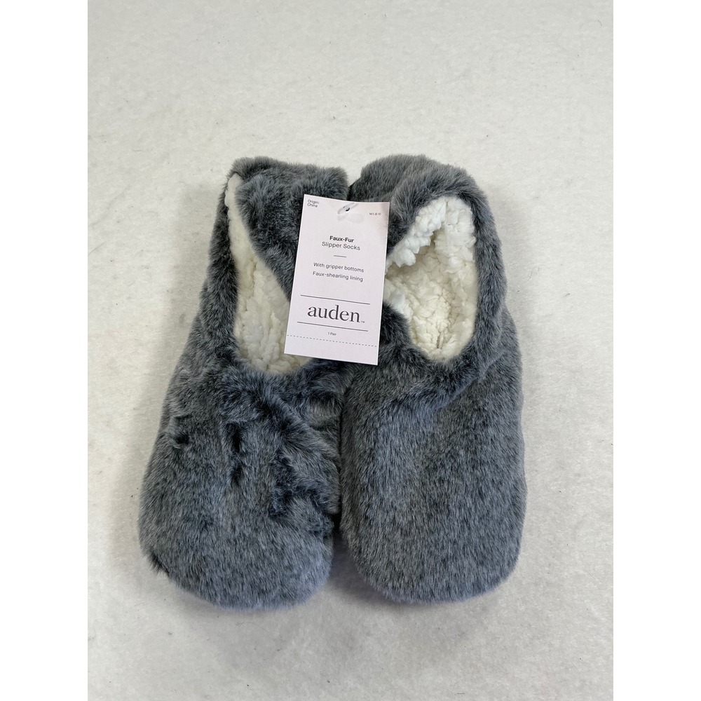 Auden Womens Gray Faux Fur Slipper Socks Faux Shearling Lining Gripper Bottoms